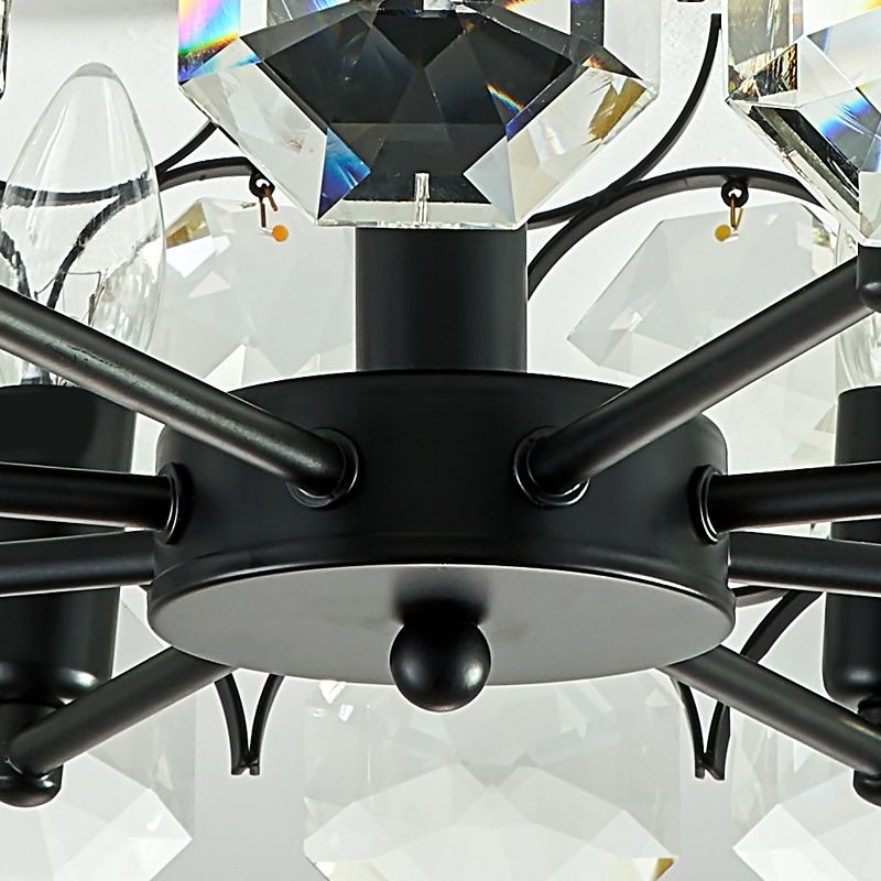 Runde, halbbündige Esszimmerleuchte, klassische, in Kristall eingebettete 8-flammige schwarze Deckenleuchte