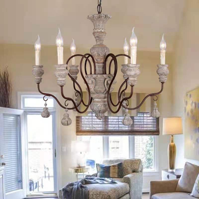 Grey Candle Pendant Lighting Antique Style Wooden Dining Room Chandelier