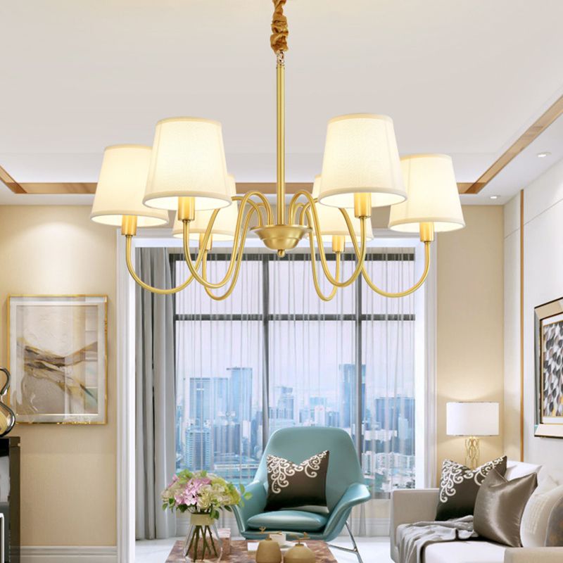 Fabric Bucket Shade Suspension Light Simplicity Living Room Chandelier Light in Brass