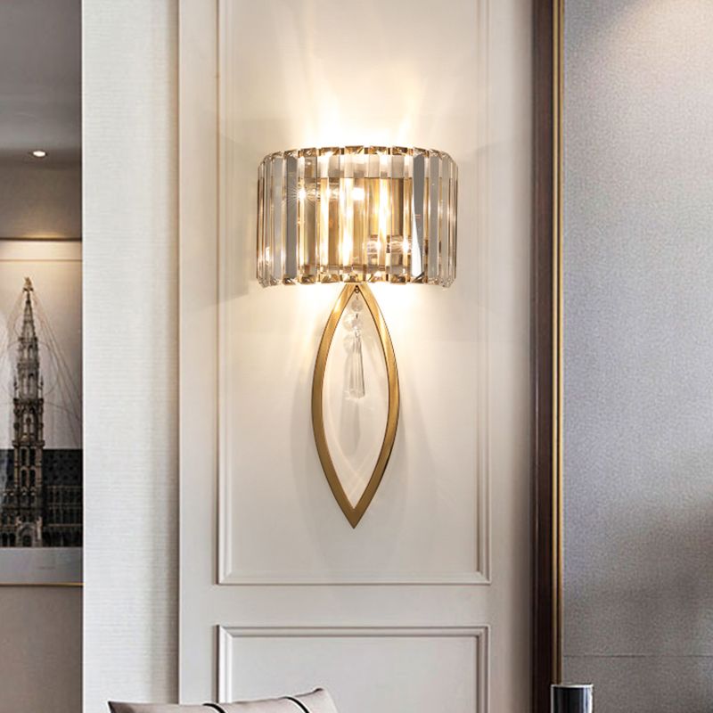 Metalen trommelschaduw Wandverlichting met helder kristal moderne 2 lichten wandlamp in goud voor woonkamer