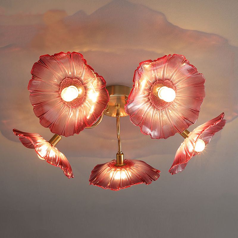 Lámpara de semi rascijada de metal dorado iluminación de techo de flores múltiples modernas con sombra de vidrio