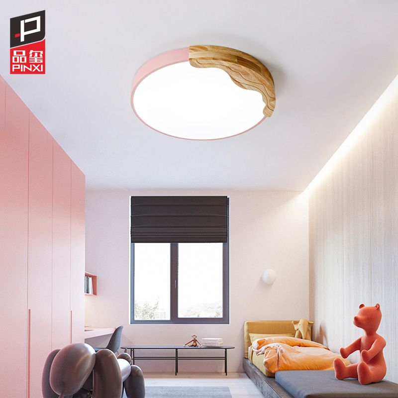 Pink Circular Flush Mount Lamp Modern Macaron Style Acrylic LED Ceiling Light Fixture with Wooden Deco, 16"/19.5" Wide