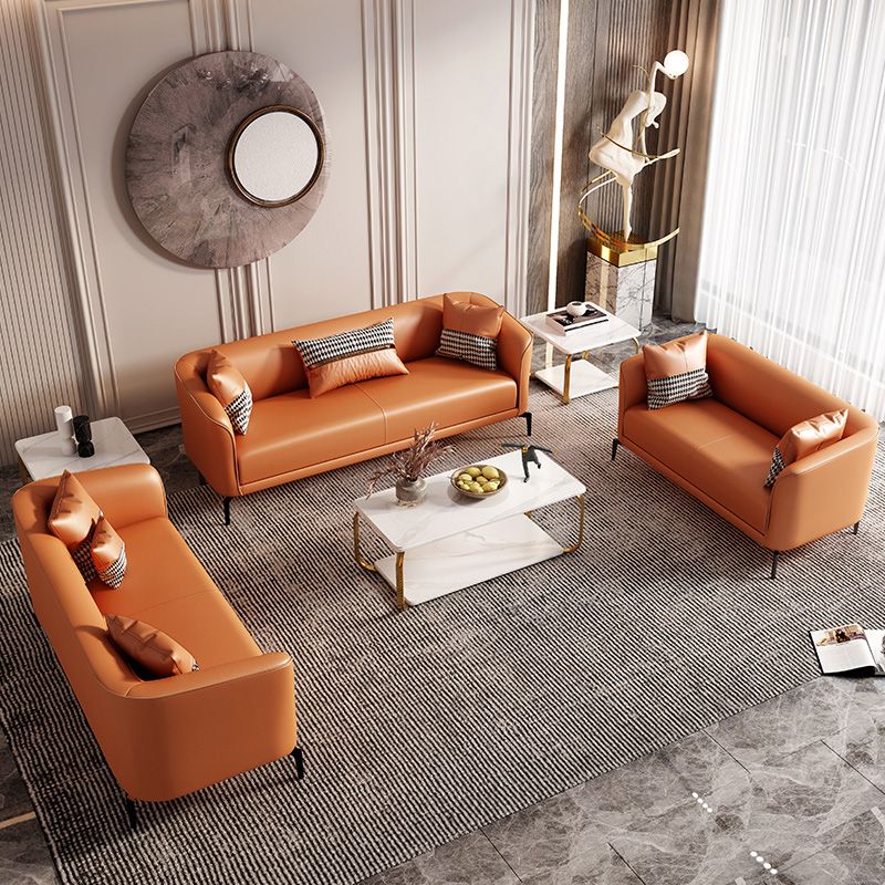 Modern Style Fabric Settee with Four Legs Apartment Sofa with Bolster Pillows