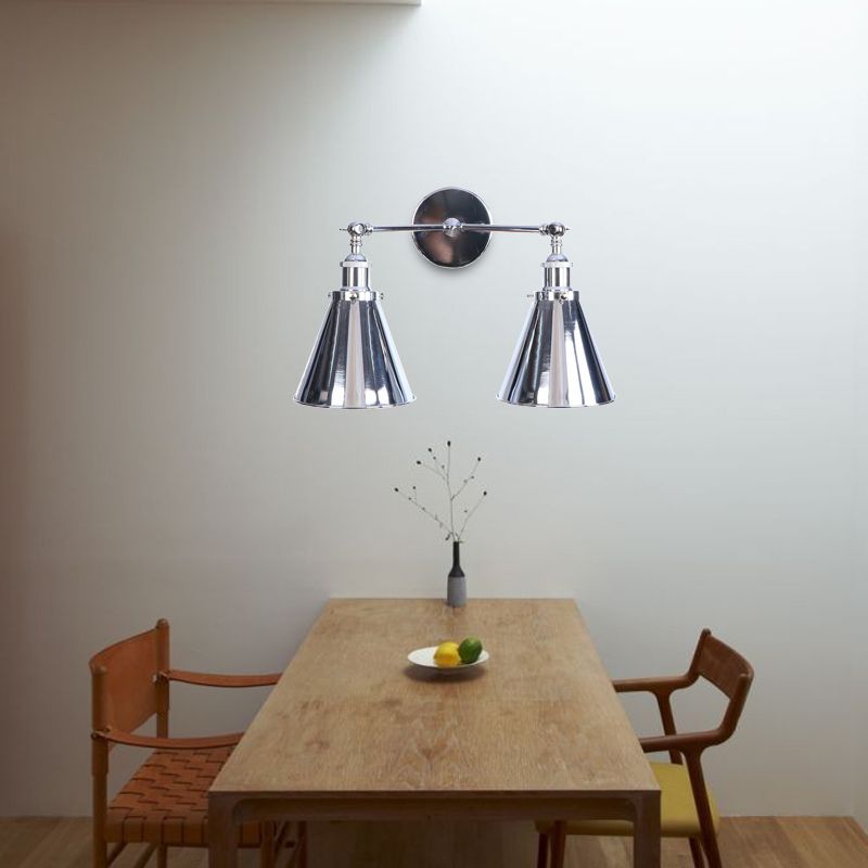 Accesorio de montaje de pared cónico cromado pulido al estilo retro de hierro 2 luces de comedor luz de montaje en la pared