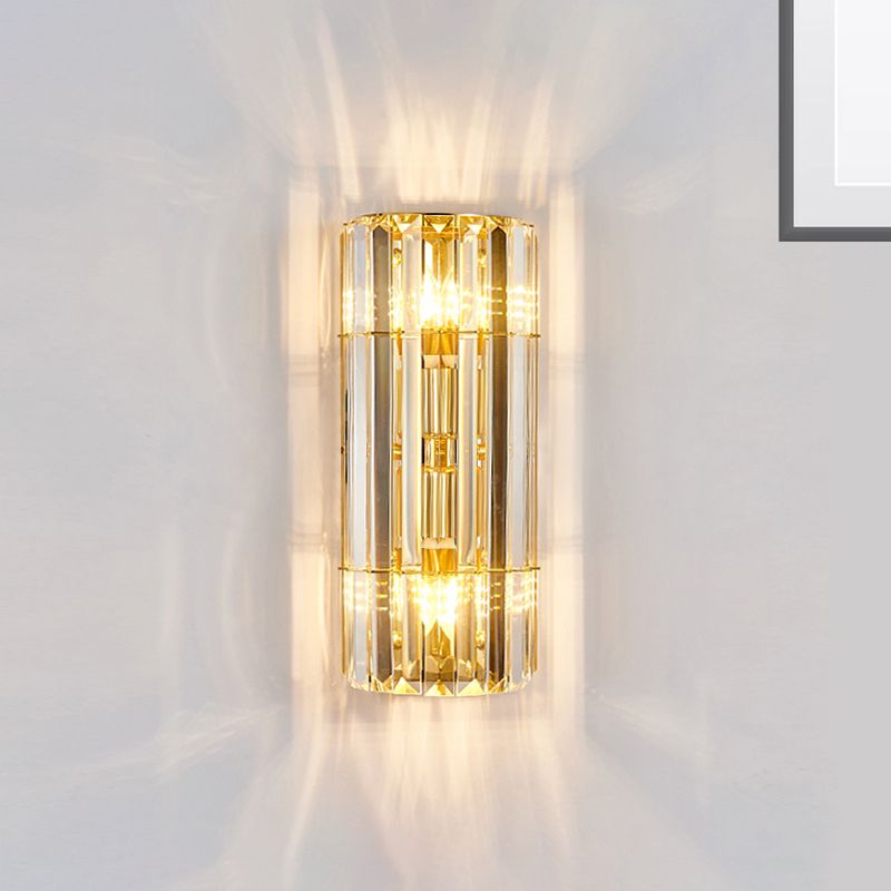 Cylindrical Sconce Lighting Vintage Style Clear Crystal 2/3-Heads Golden Wall Mounted Lamp for Hallway