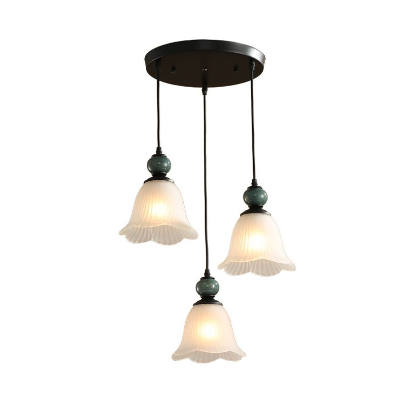 Frosted Ribbed Glass Flared Cluster Pendant Rustic 3 Lights Dining Room Hanging Lamp Kit in Black with Round/Linear Canopy