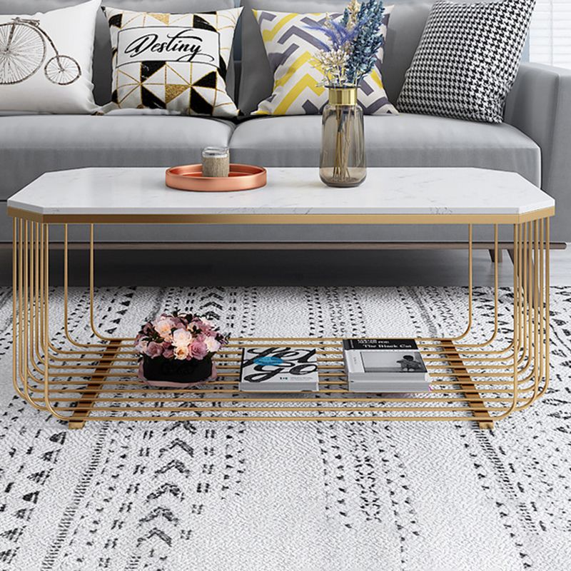 Contemporary Glass & Marble Coffee Table Octagon 1 Single Cocktail Table with Shelf