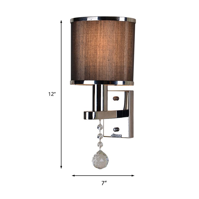 Grappe traditionnelle de la paroi cylindrique 1 Light Tissu Light Light avec accent cristallin en chrome pour chambre à coucher