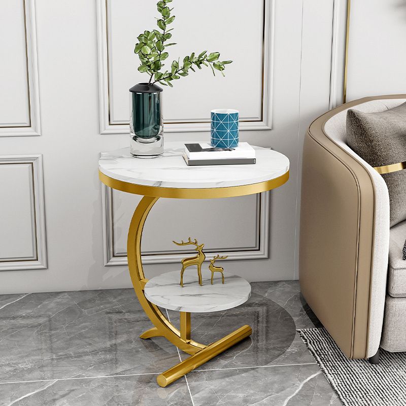 Glam Round Stone Side End Table Abstract Double Tier Sofa Side End Table