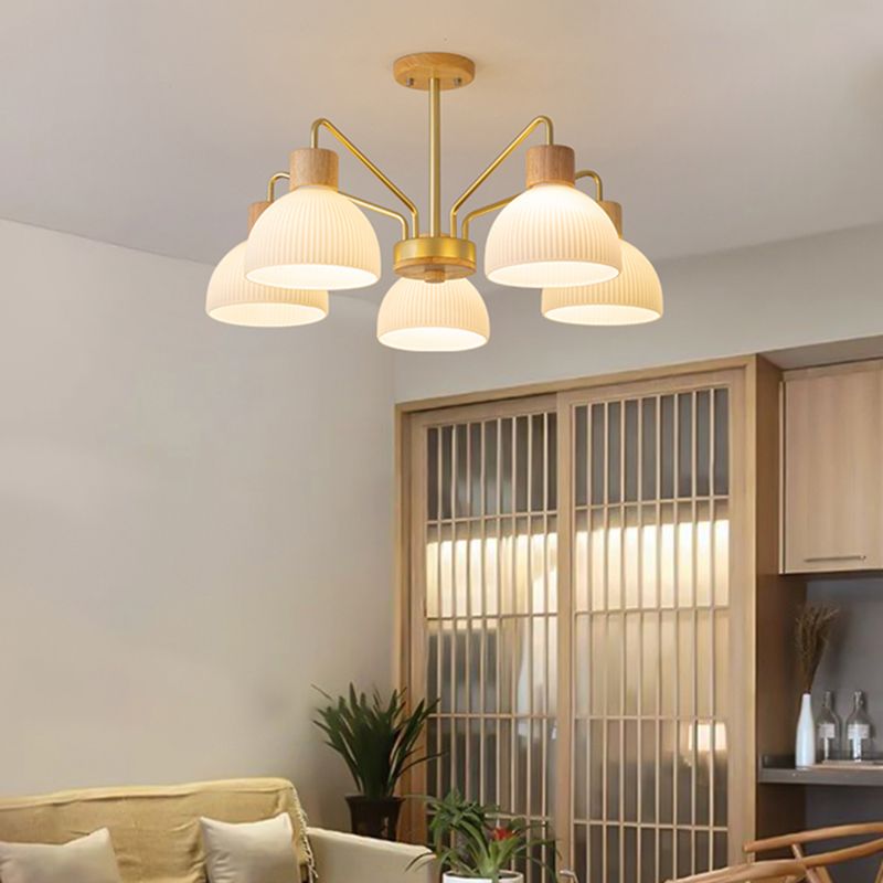 Modern Wood Flush Mount Dome Shape Ceiling Light with Glass Shade for Living Room