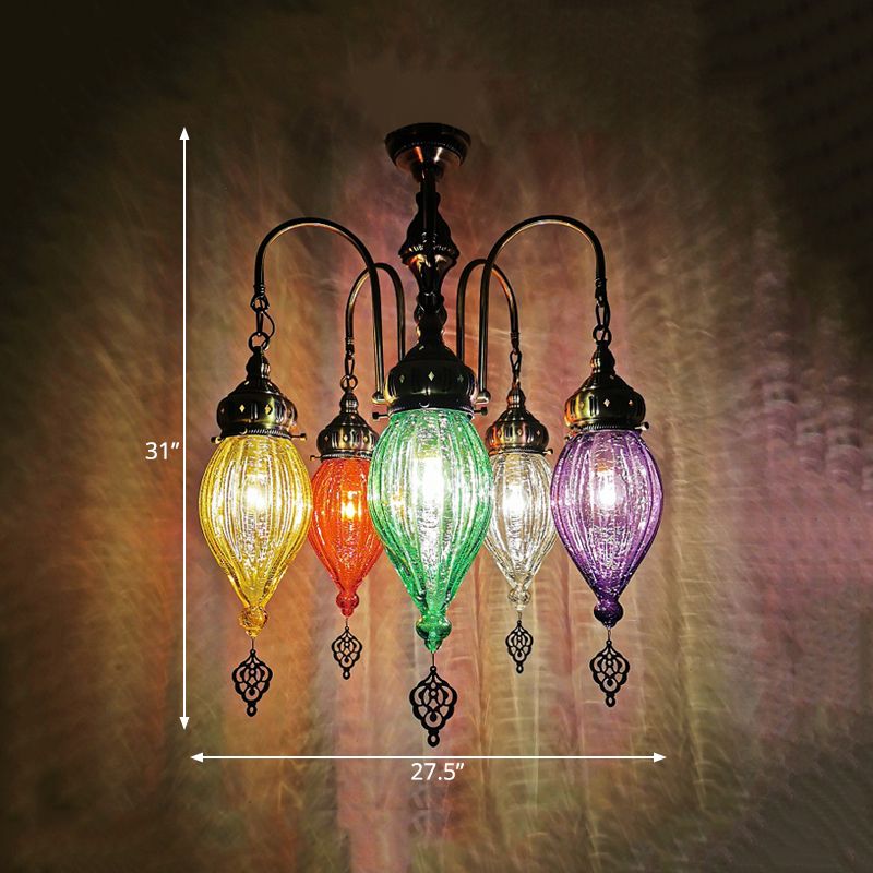 5 Heads Gourd Chandelier Light Traditional Red/Yellow/Green Ribbed Glass Hanging Light Kit