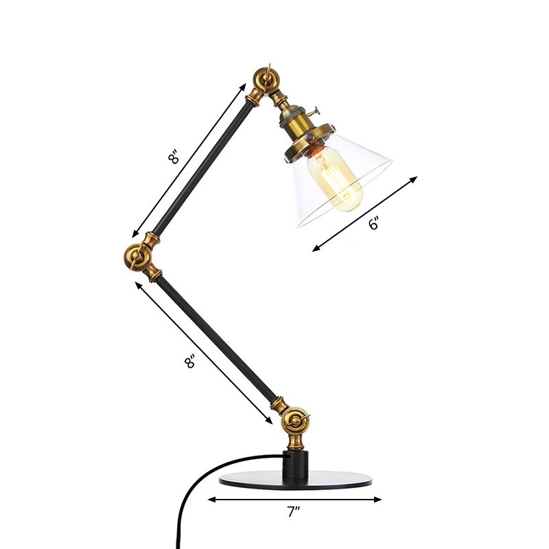 Industrial Style Conic Table Light Amber/Clear Glass and Metal 1 Light Bedroom Table Lamp with Adjustable Arm in Black/Brass