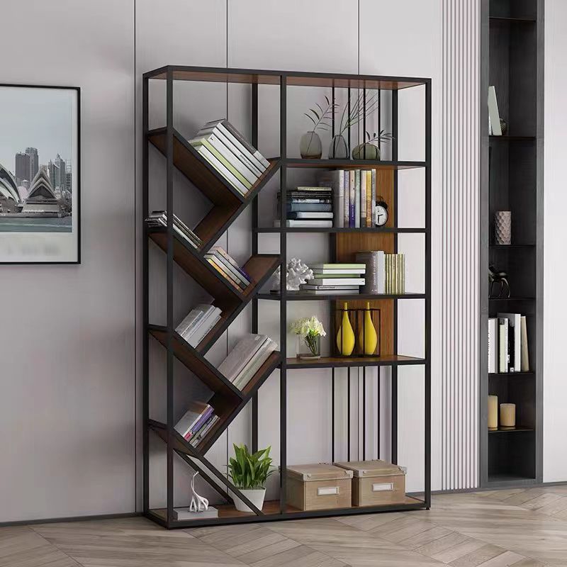 Modern Vertical Etagere Bookshelf Metal Frame Manufactured Wood Shelf Bookcase