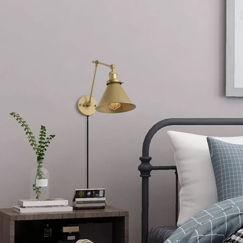 Conical Bedside Wall Reading Lamp Antique Metallic 1 Bulb Brass Plug-in/Plug-less Wall Mounted Light with Swing Arm