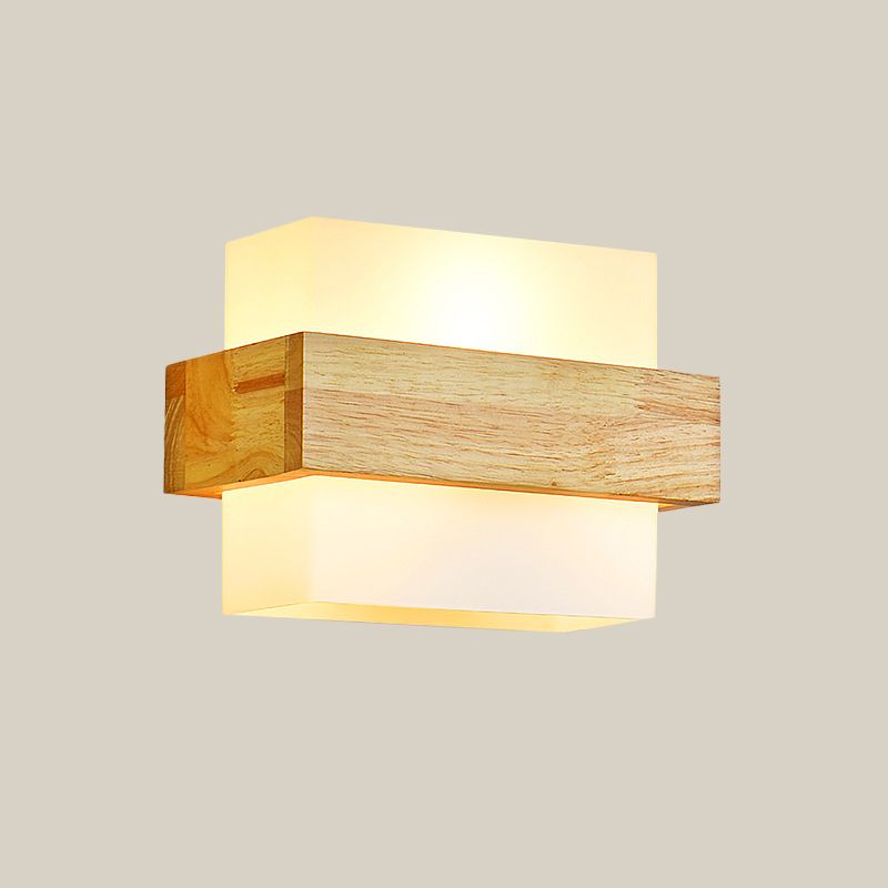 Kubus wandbevestiging verlichtingsarmatuur minimalisme opaalglas 1 kop beige oppervlakte wand sconce met houten details