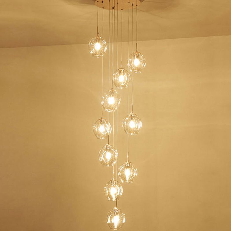 Dimpled Cup Shaped Cluster Pendant Minimalist Cognac Glass 10-Head Stairs Ceiling Light in Brass