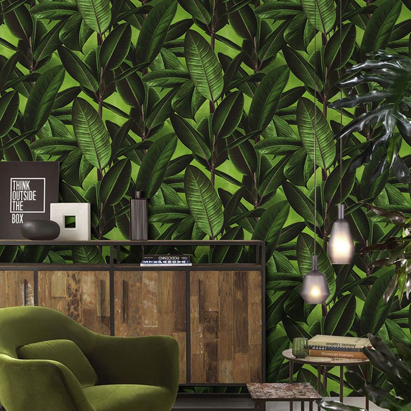 Contemporary Wallpaper Roll for Theme Restaurant Decor with Banana Leaves Design in Green
