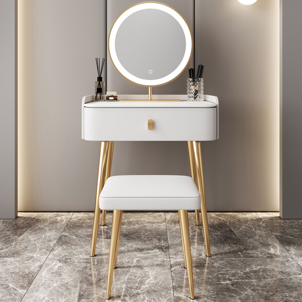 Glam Marble Makeup Vanity Set With Drawer for Bedroom in White