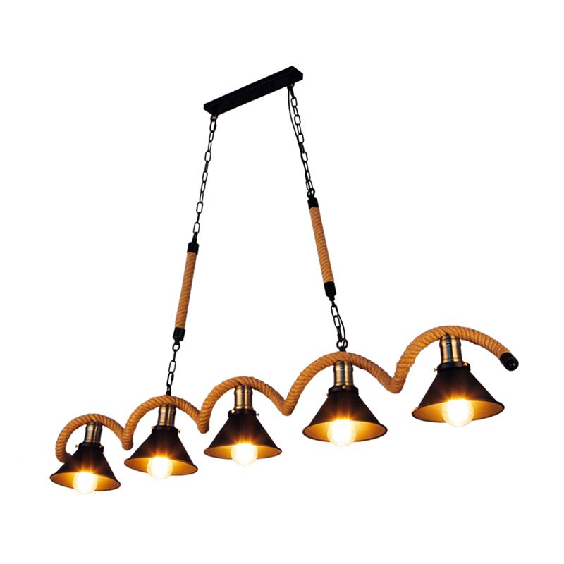 Vintage Shaded Pendant Lighting Iron Hanging Island Light with Hemp Rope in Black