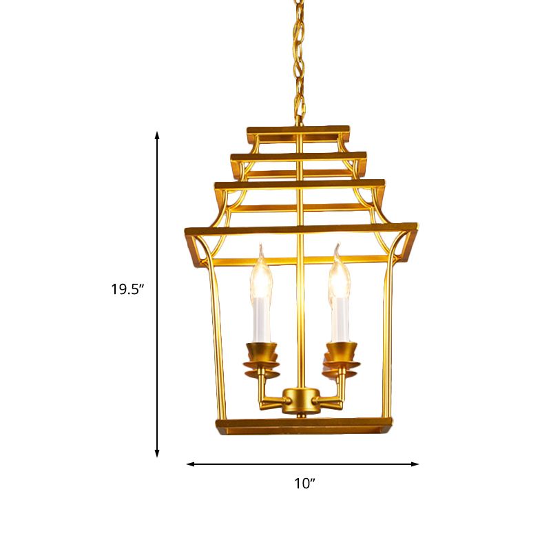 4 Heads Metal Chandelier Vintage Style Gold Cage Shade Living Room Pendant Light with Adjustable Chain