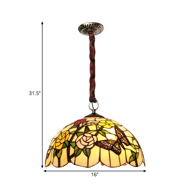 Chandelier en verre coupé à main classique à 3-tête Classic à la main avec motif floral et papillon en bronze