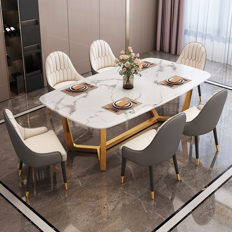 Rectangle Trestle Base Dining Table Glam Style Stone Kitchen Desk