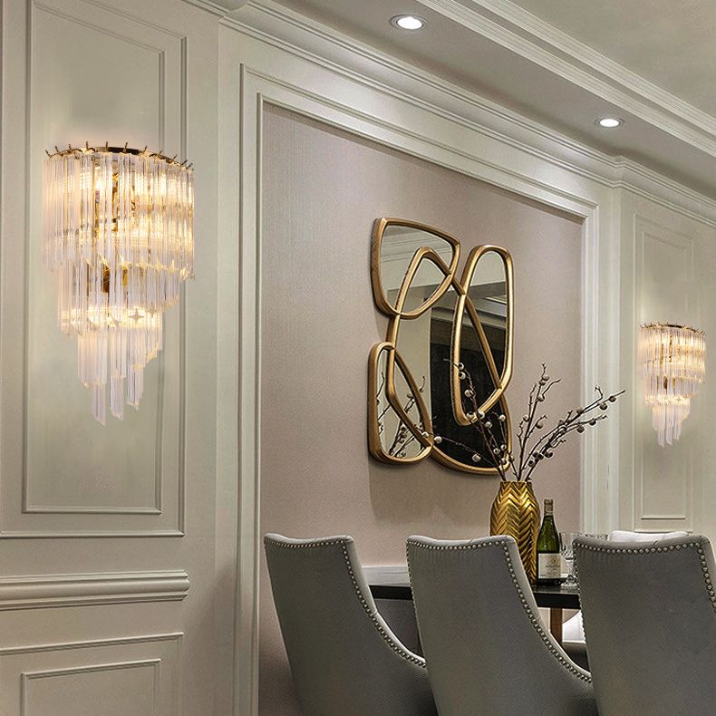 Gold Stagger Wall Sconce in Modern Luxury Style Wrought Iron 4-Light Wall Lamp with Crystal Shade