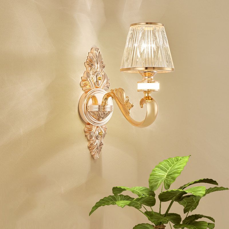 1/2-Head Wall Sconce Modern Bedside Wall Light Fixture with Cone Crystal Shade in Gold
