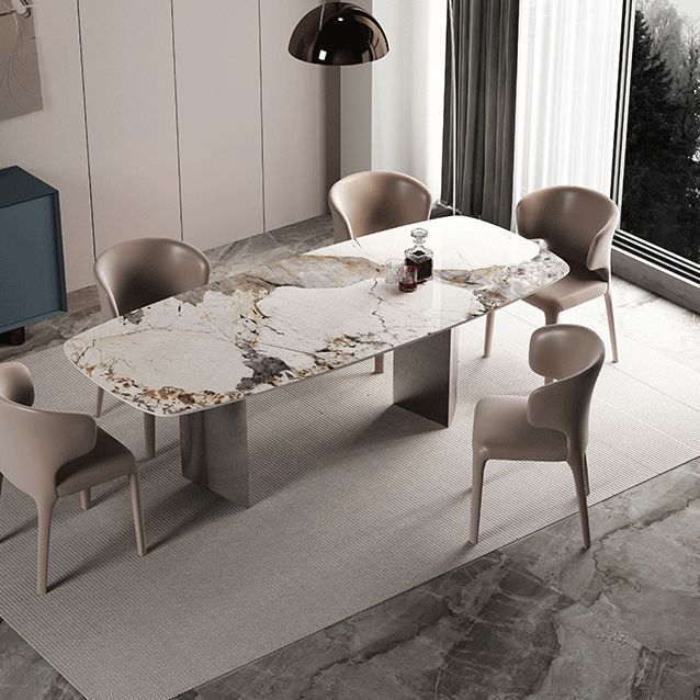 Rectangle Sintered Stone Dining Table Modern Table in White with Metal Double Pedestal