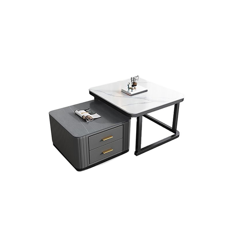Modern Square Stone Coffee Table with Drawers 2 Nesting Cocktail Table Set