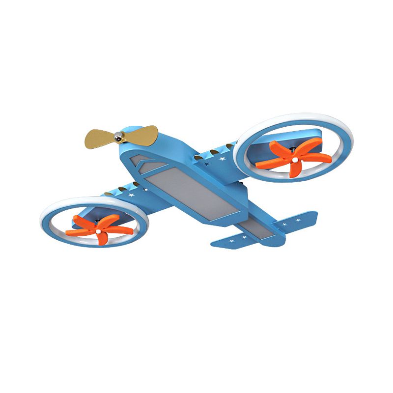 Blue Jet Plane Ceiling Lighting Kids Style Metallic LED Flush Mount Lamp with Spinnable Wing
