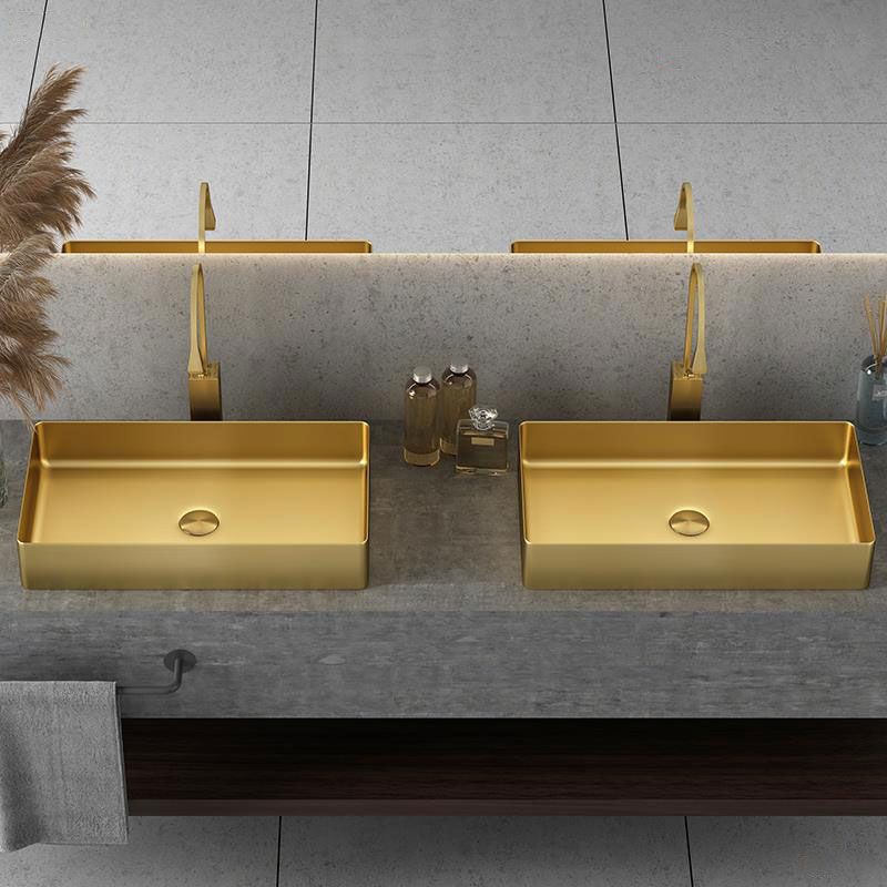Modern Vessel Bathroom Sink Metal Rectangular with Faucet Vessel Lavatory Sink