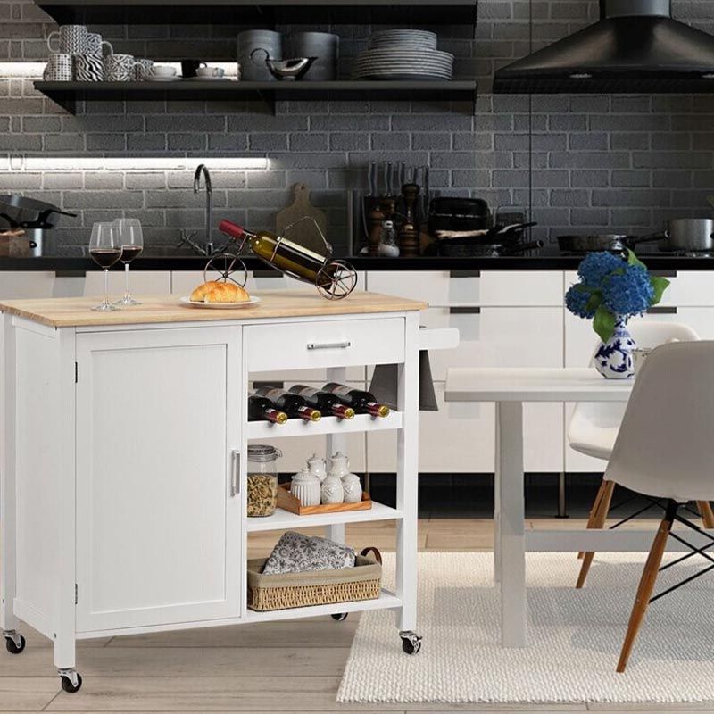Modern Rolling Kitchen Cart Wood Rectangular Kitchen Island Cart with Towel Rack