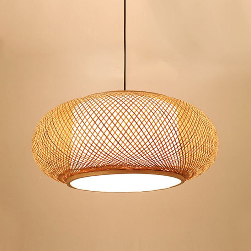 Drum Beige Down Pendant Chinese Bamboo Hanging Ceiling Light with 1 Light