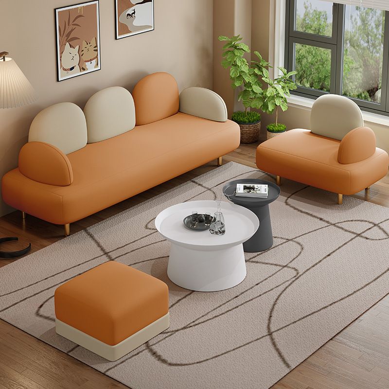Modern Faux Leather Sofa Metal Gold Legs Recessed Arm Curved Sofa