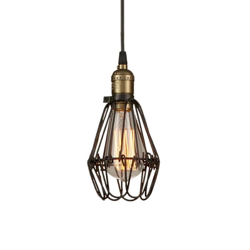 Rustic Style Diamond Cage Hanging Light 1 Head Wrought Iron Pendant Lighting in Black/Brass for Restaurant