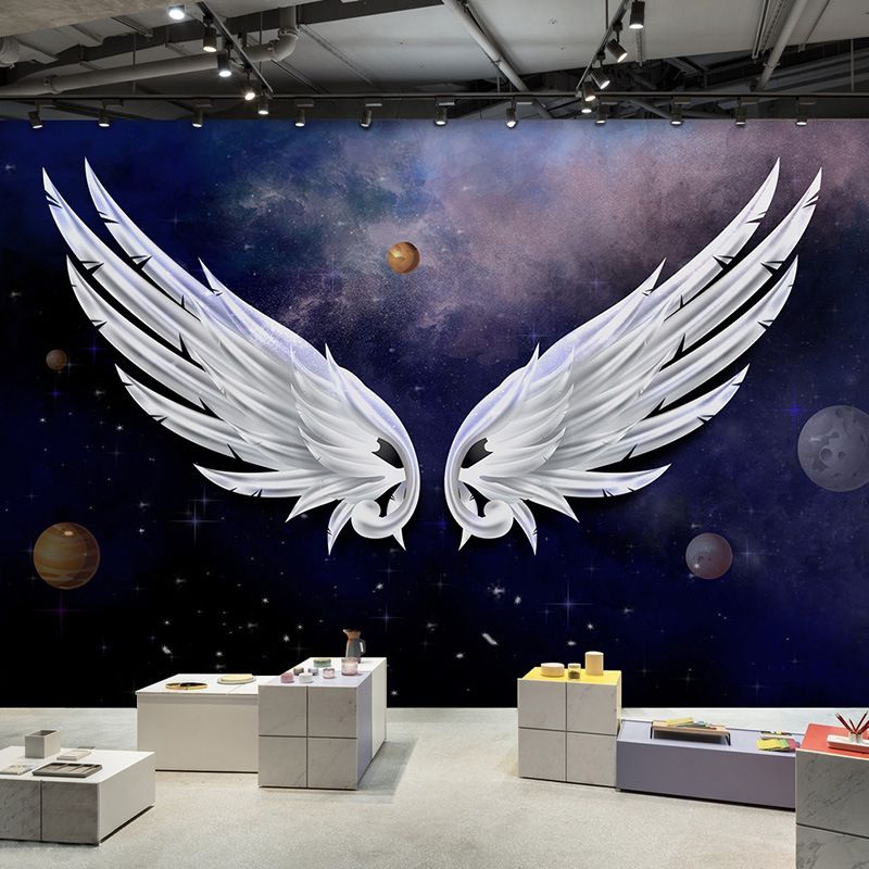 Feather and Wing Wall Covering in Purple and White, Original Wall Art for Bar Decoration