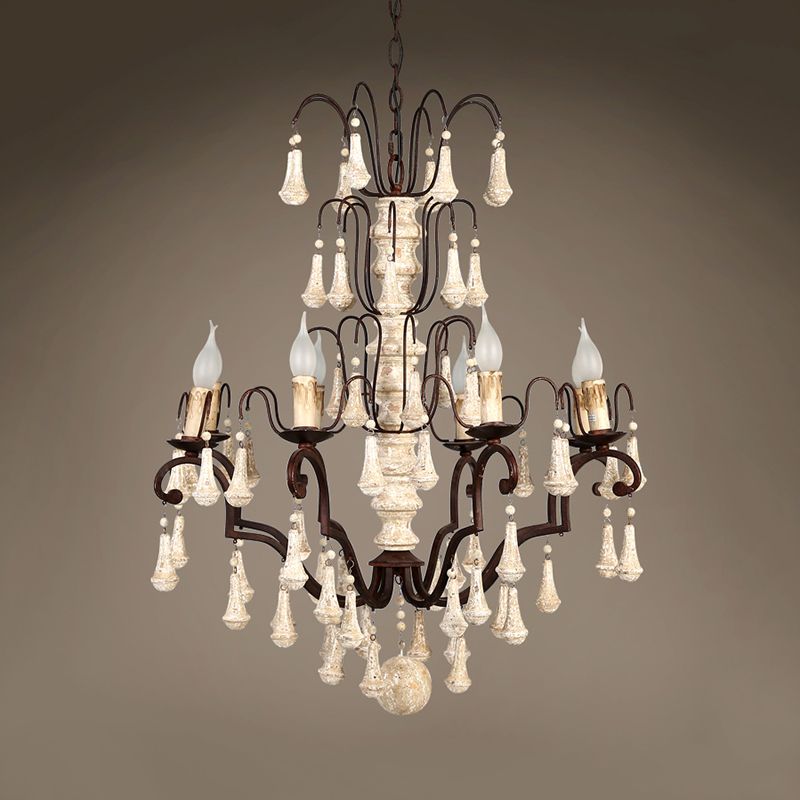 Lustre de pendentif à plusieurs niveaux ivoire traditionnel en bois 8 têtes salon suspendu plafonnier plafond