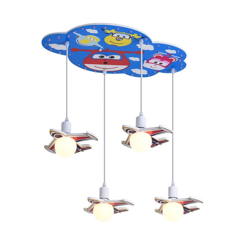 Blue Finish Plane Shape Multi Ceiling Light Cartoon 4 Heads Wood Hanging Lamp Kit