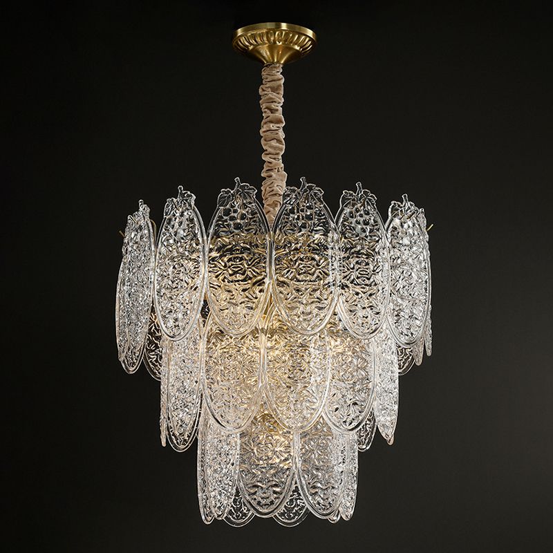 Post-Modern Oval Shaped Chandelier Pendant Light Textured Glass Living Room Hanging Light in Gold