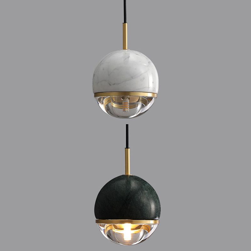 Modern Style Spherical Hanging Light All Copper Marble 1 Light Pendant Lamp for Bedside