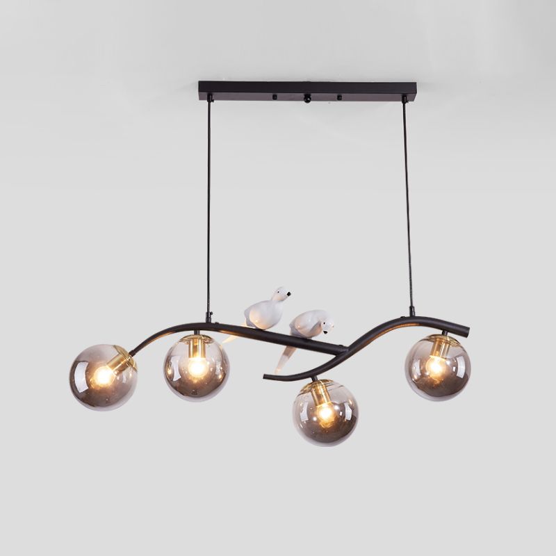 Metal Branch Hanging Lamp Contemporary 4-Light Black/Gold Island Pendant with Bird Deco and Smoke Grey/Cognac Glass Shade