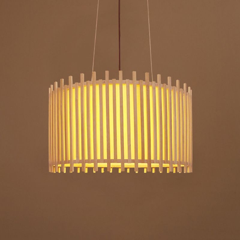 Bamboo Drum Suspension Light Contemporary 1 Bulb 17"/21.5" Wide Ceiling Pendant in Beige