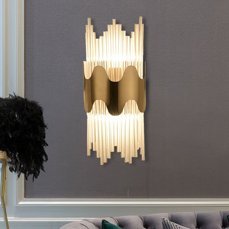 Wavy Design Wall Sconce Modernist Style Clear Crystal 2 Lights Brass Finish Wall Lighting for Bedroom