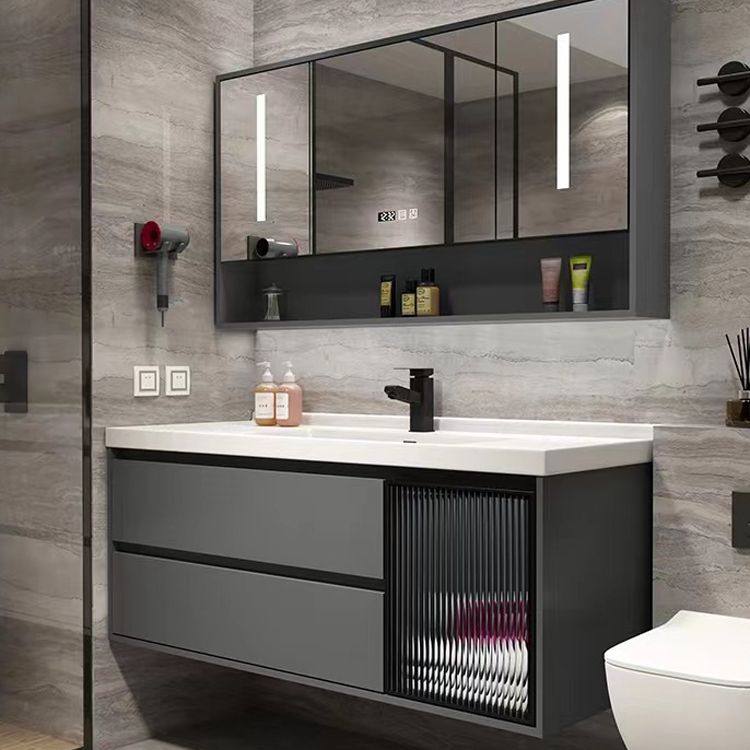 Wall Mount Bath Vanity Grey Metal Frame Mirror Single Sink Bathroom Vanity with Drawers