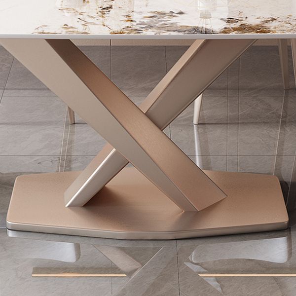 Rectangular Luxury White Stone Top Dining Table with Metal Pedestal