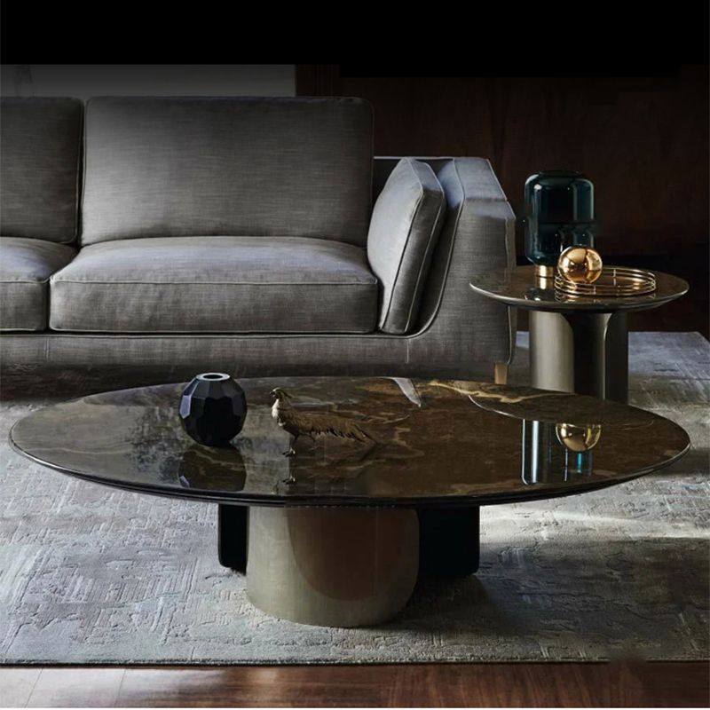 Contemporary Sintered Stone Side End Table with Metal Abstract Base