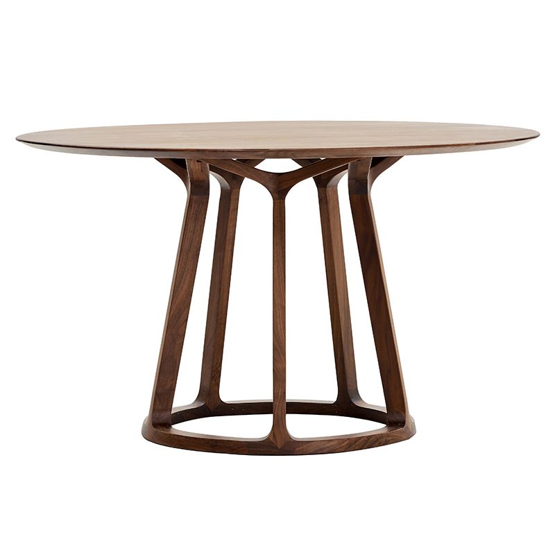 Round Pedestal Simplicity Dining Table Brown Tone Fixed Table with Pinewood Solid Wood