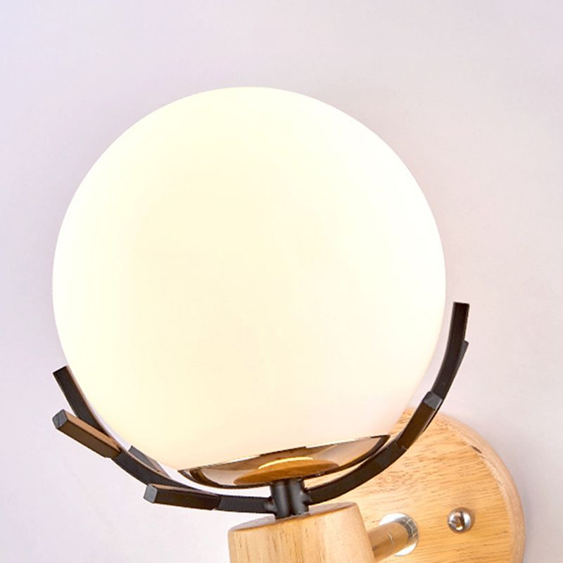 Wooden Wall Lamp in Modern Minimalist Style White Glass Wall Sconce with Antler Decoration
