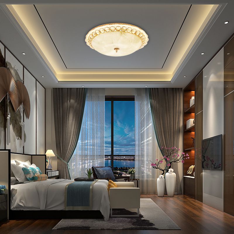 Lámpara de montaje empotrado con cuenco de vidrio texturizado, moderna lámpara de techo LED empotrada con detalles de cristal transparente en dorado, 12"/16" de ancho